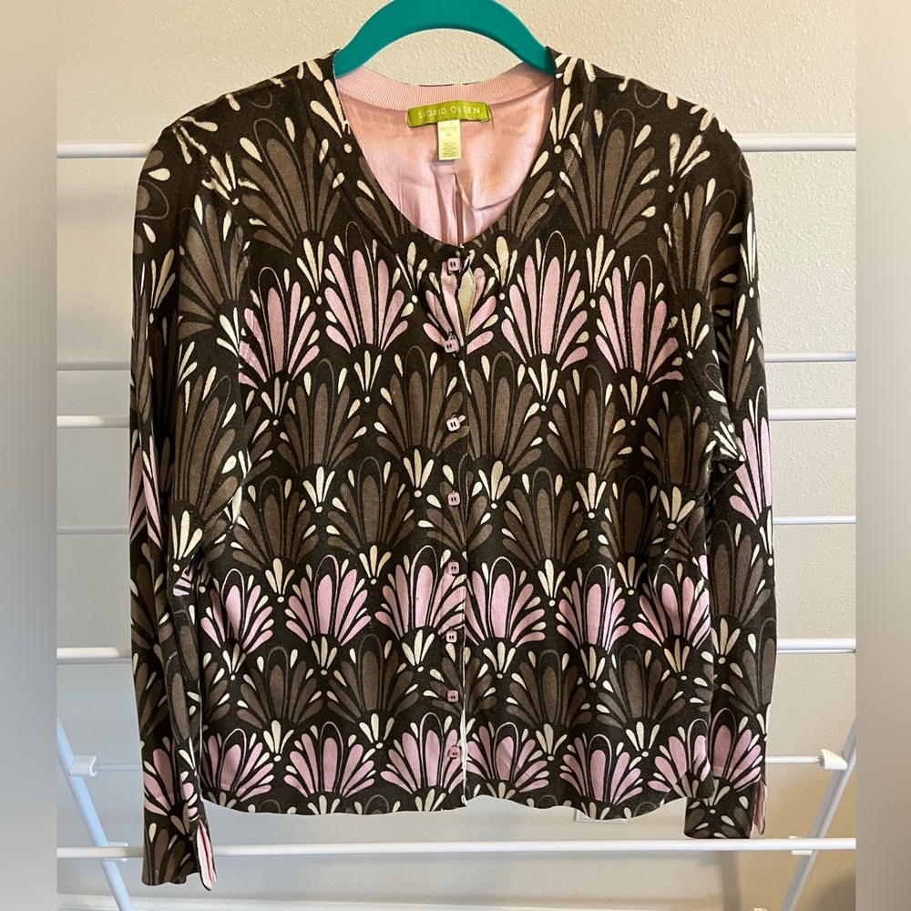 Sigrid Olsen Cardigan - Adorable Pink and Chocolate print with soft pink lining